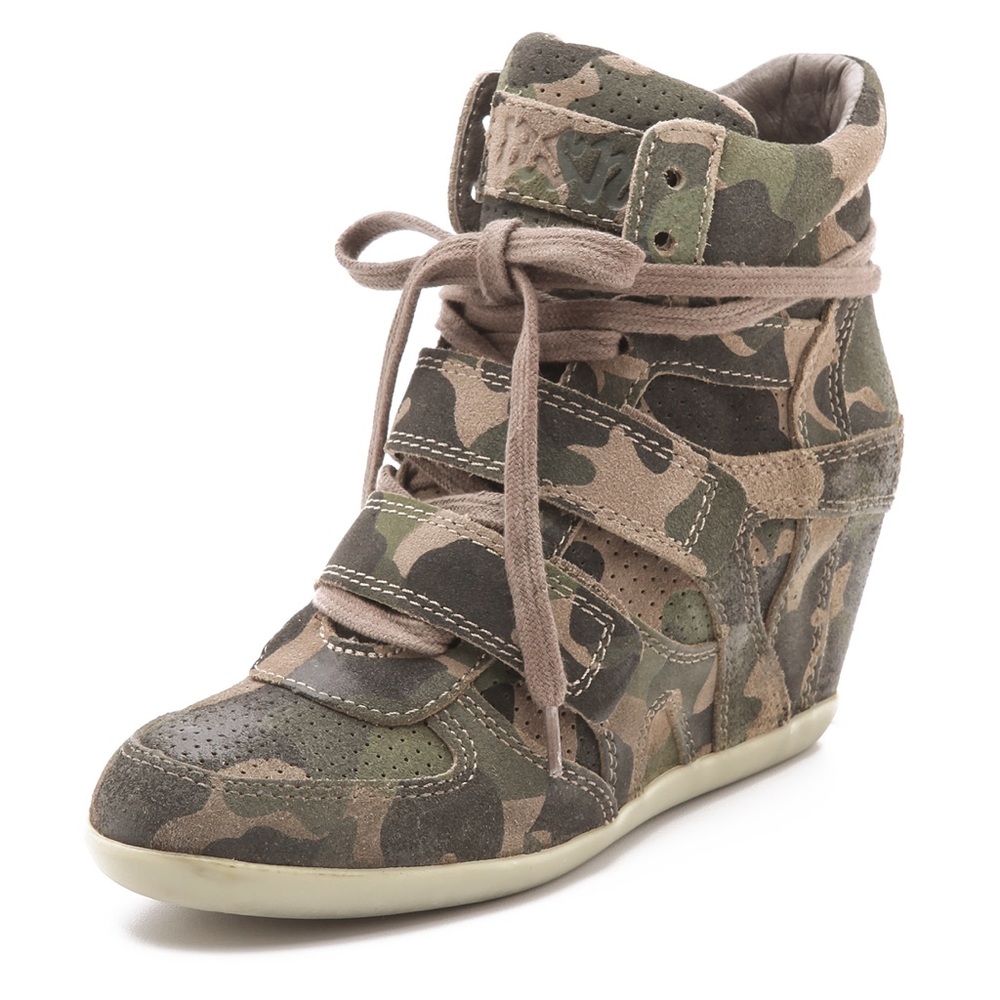 ASH Bea Bowie Camo Suede Wedge Sneaker Heels